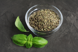 Dried and fresh basil on dark background